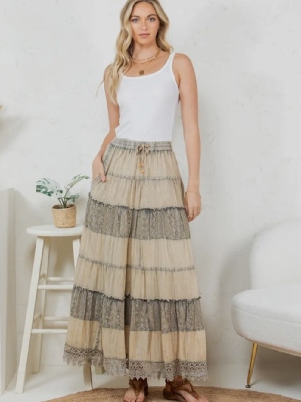 Young Threads Tiered With Lace Maxi Skirt Sz S